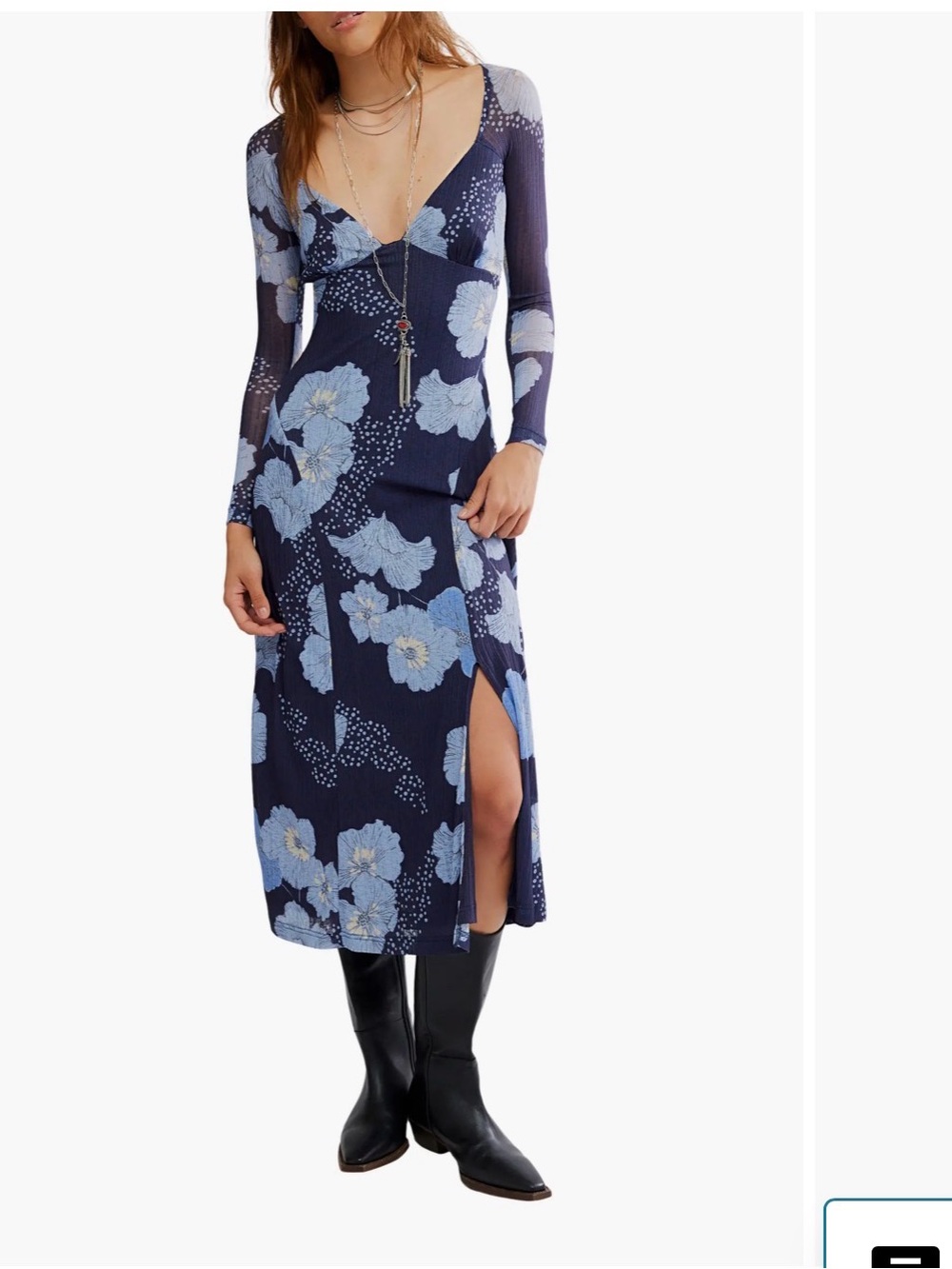 Free people Floral V-Neck Long Sleeve Midi Dress in Navy Blue